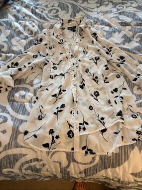 White Floral Button-Up Blouse with Black Print